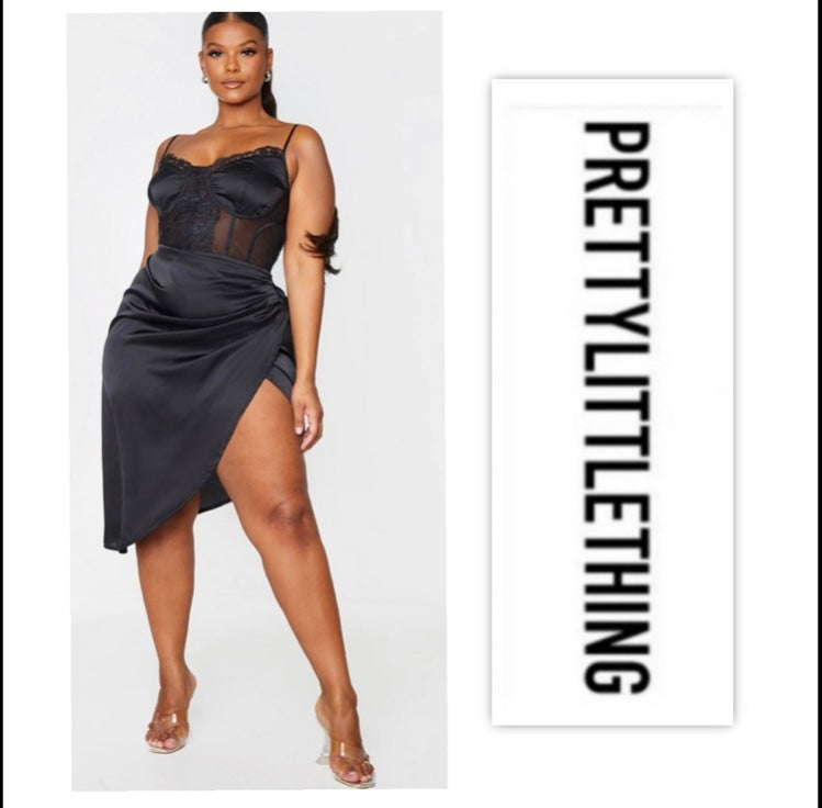 Black Lace Side Ruched Midi Dress